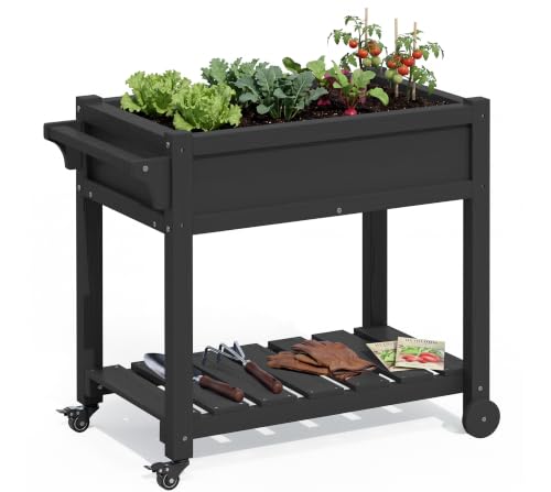 SERWALL Raised Garden Bed on Wheels with Storage Shelf,Black - color: Black, size: 1 Pack