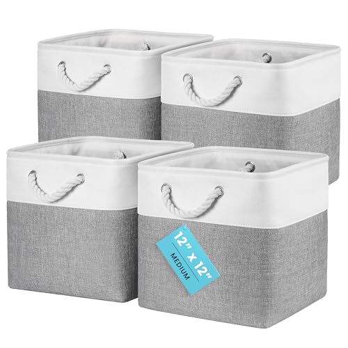 OrganiHaus 12x12 Cube Storage Bins, 4-Pack Fabric Cubes, Rope Handles - color: Gray Base / Off-White, size: 4 pcs (12x12)