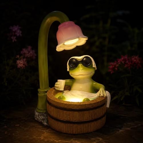 Solar Frog Garden Statue with Flower Light and Water Glow, 6.3 Inch Resin Frog Bath Figurine, Outdoor Frog Garden Decor for Patio Yard Lawn, Cute Frog Gifts for Outdoor - color: Bathing Frog