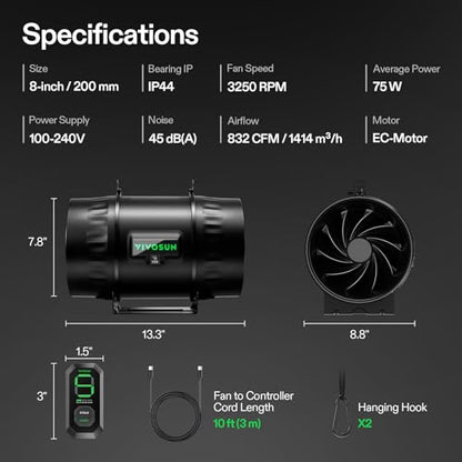 VIVOSUN T8 8" Inline Fan &Cycle Mode Speed Controller, 832 CFM Aerozesh Fan - color: Black Pro, size: 8"