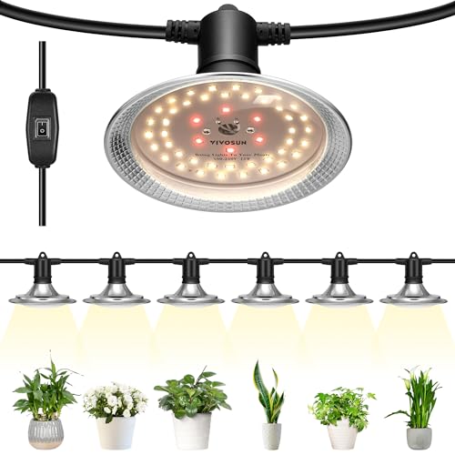 VIVOSUN Outdoor LED Grow Lights, Waterproof String Grow Light, Full Spectrum Plant Growing Lights with 22Ft Adjustable Cord for Seedling, Veg, Flower in Greenhouse, Garden, Backyard, Farm (6-Light) - size: 6 Lights