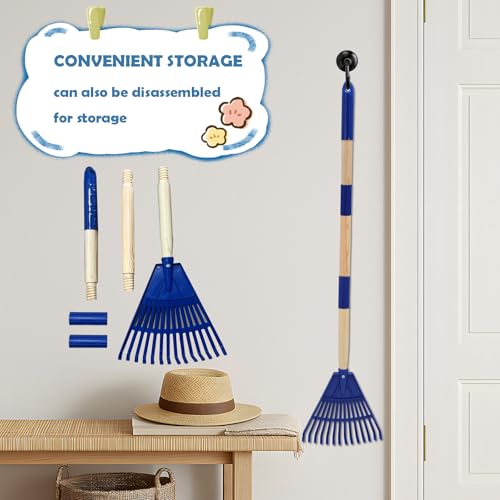 Kids Leaf Rake - 3-Section Adjustable Handle, Lightweight, Wood & Plastic, Small Garden Tool for Children (Blue) - color: Blue