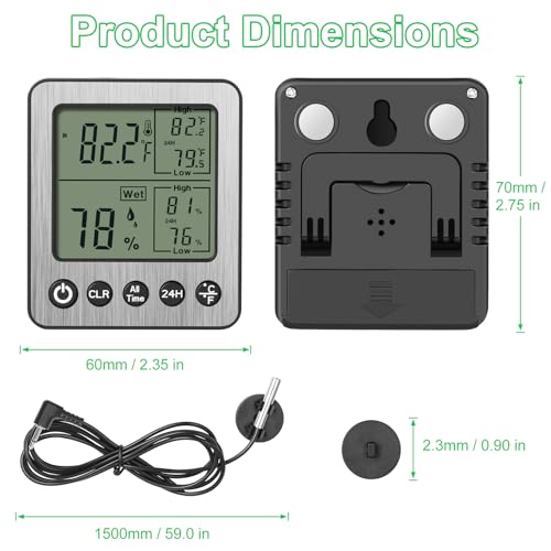 Digital Refrigerator Freezer Fridge Thermometer with Extra Sensor Reptile Thermometer Indoor Hygrometer max and min Remember Black ZZ20