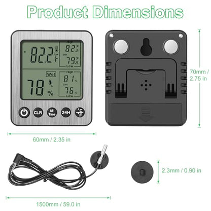 Digital Refrigerator Freezer Fridge Thermometer with Extra Sensor Reptile Thermometer Indoor Hygrometer max and min Remember Black ZZ20