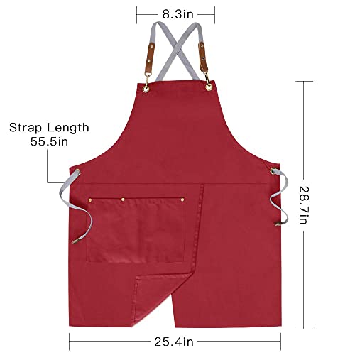 Crossback Apron with Pockets, Apron with Adjustable Straps - color: Red