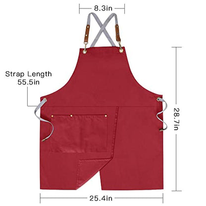 Crossback Apron with Pockets, Apron with Adjustable Straps - color: Red