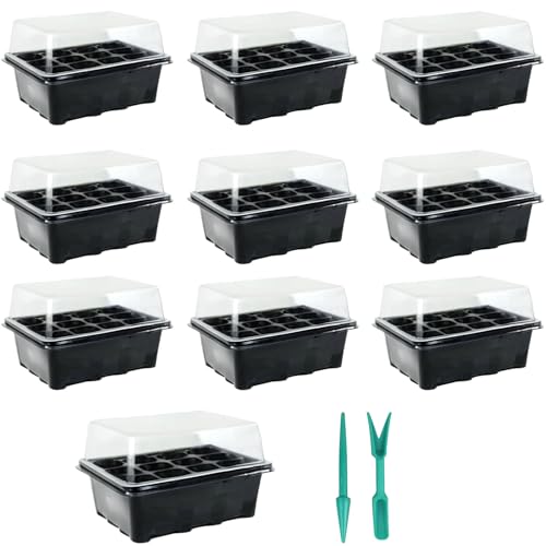 Gardeningwill 10 Sets of Plant Seedling Starter Trays – 12 Cells per Tray with Dome, Durable Reusable Plant Germination Kit with Dibber & Widger