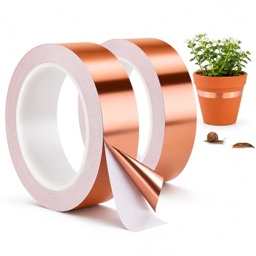 2 Pcs Copper Tape for Slugs and Snails, 1 Inch X 82 ft Copper Slug and Snail Barrier Tape, Non Toxic, Pet Safe, for Pots, Eaves, Gardens, Places Where Snails Might Climb (2, 1 Inch X 82 ft)