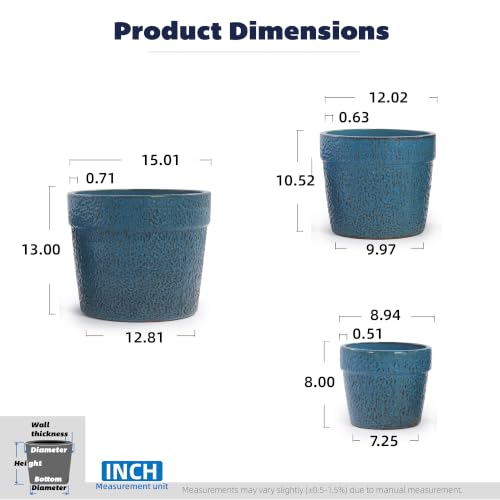 Ceramic Plant Pots with Drainage Hole, 9/12/15 Inch, Blue - color: Blue