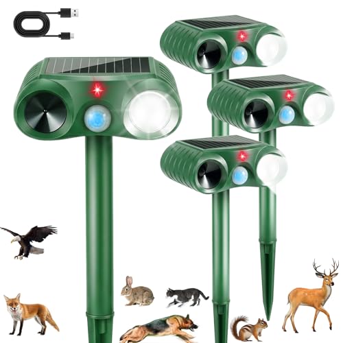 2026 Solar Ultrasonic Animal Repellent Outdoor, Deer Repellent Devices Waterproof Motion Activated Deterrent to Scare Cat Squirrel Rabbit Raccoon Skunk with LED Flash Lights for Yard Lawns 4 Pack