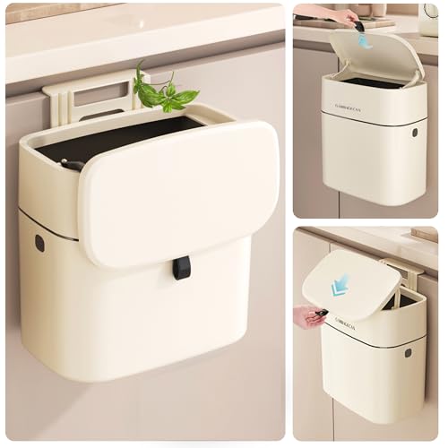 2.5 Gallon Compost Bin Kitchen Garbage Can Countertop Indoor Small Hanging Trash Can with Lid Composting Bin Off White