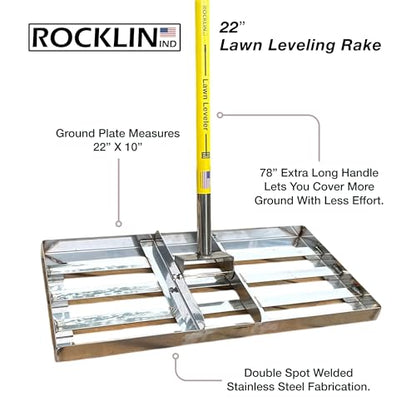 Rocklin™ 22" Lawn Leveling Rake, Stainless Steel, 78" Handle - size: 22 Inches