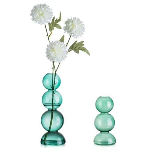 Glasseam Round Bubble Vase for Flowers, Small Green Vase Set of 2, Blown Glass Vases for Decor, Cute Unique Bud Vase, Aesthetic Single Flower Vase, Hydroponic Plant Vase for Dining Table Decorations - color: Green, size: Set of 2 Vases (3 Balls & 4 Balls)