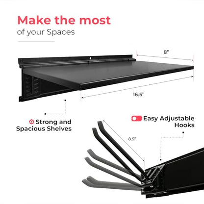TIDYME Garage Tool Organizer Wall Mount 64", 2 Shelves & 4 Single Hooks - size: 64" Carbon Steel with 2 Racks & 4 Hooks