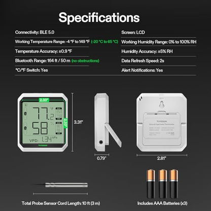 VIVOSUN Digital Hygrometer Thermometer, Humidity Meter with Probe, App - style: Thermometer with External Probe