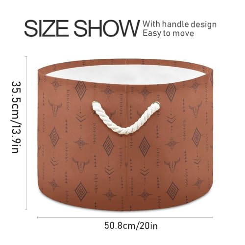 Brown Western Boho Round Storage Basket Collapsible with Handle - color: Brown