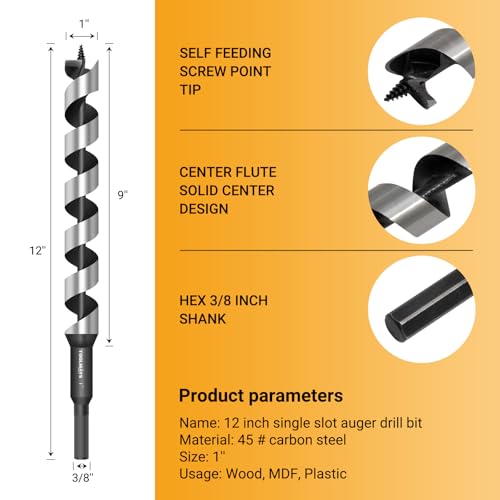 1 Inch x 12 Inch Auger Drill Bit, Long Auger Drill Bit for Wood - size: 1" x 12"