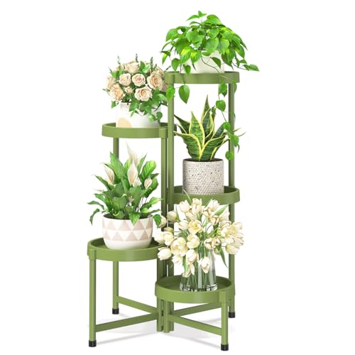 iDavosic.ly 5 Tier Folding Plant Stand Indoor Outdoor, Plastic Tray, Green - color: Avocado Green, size: 5 Tiers