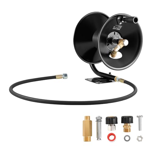 VEVOR Pressure Washer Hose Reel, 50 ft x 3/8 inch Heavy-Duty Steel Bracket-Mounted Pressure Hose Reel, Wall/Floor/Truck Mount, 4000PSI Max, Manual Power Hand Crank for Car/Floor Washing,Garden