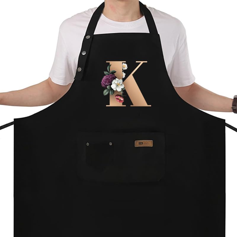 Apron for Women with Pockets, Initail Gardening Apron with Adjustable Straps, Large Pockets & Cross Back Design - color: Bk-k