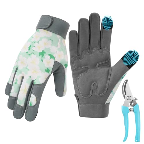 Garden Pruning Shears Set with Gardening Work Gloves & Stainless Steel Trimming Scissors for Flowers, Herbs & Small Branches, Puncture Resistant Anti-Slip Flexible