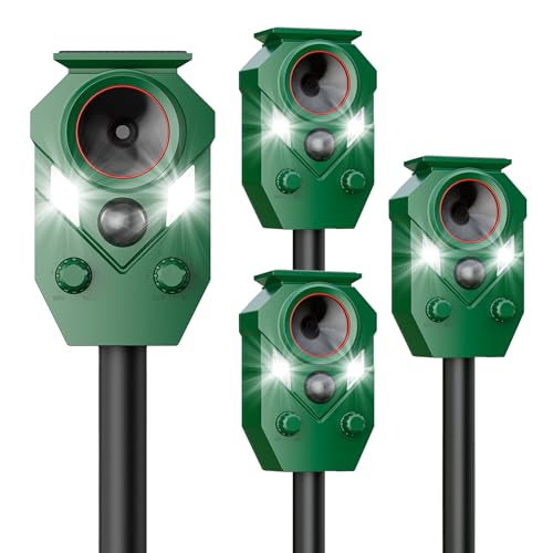 4 Pack Solar Powered Ultrasonic Animal Repellent Outdoor, Motion Activated Deer Repellent Devices with Flashing Lights, Waterproof Cat Repellent Outdoor, Repels Dog, Raccoon, Coyote for Garden & Lawn