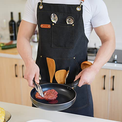 Aoomzoon Canvas Aprons for Men Women, Heavy Duty BBQ Apron with Pockets - color: Black②