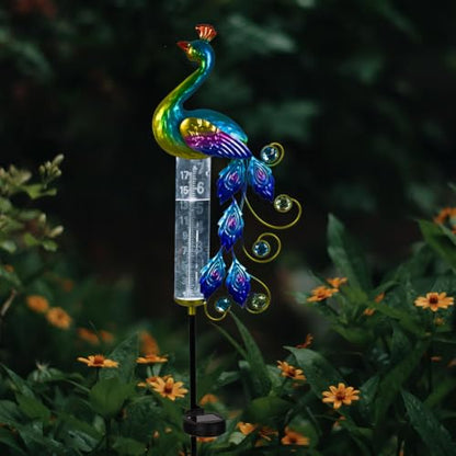 Peacock Rain Gauge Outdoor 36.6" Solar Powered Rain Gauges - color: Green Peacock