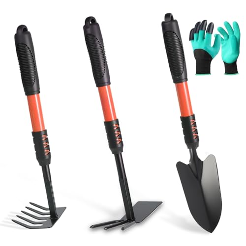 Garden Tool Set, 4 Pack Gardening Tools, Stainless Steel Heavy Duty Hand Cultivator, Hoes, Shovel, for Planting Weeding Digging, Gardening Gifts for Women,Orange - style: Orange