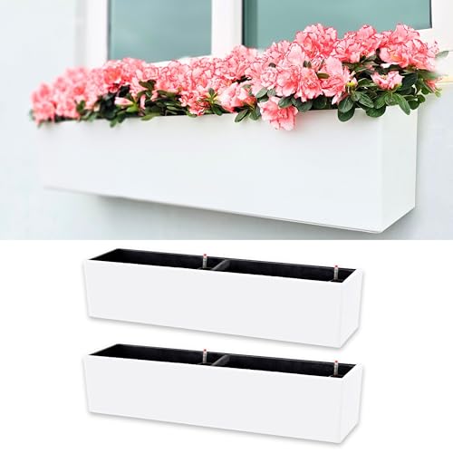 LaLaGreen Hanging Planter Boxes Outdoor (40 Inch, 2 Pack) Extra Large Window Flower Box with Bracket, White Rectangular Self Watering System Vertical Plant Container Wall Mount Indoor Succulents Herbs - color: White X 2