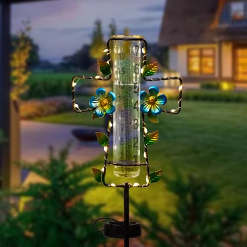 Solar Rain Gauge Outdoor with Lights,7” Glass Tube Cross Rain Gauge - color: Blue Cross