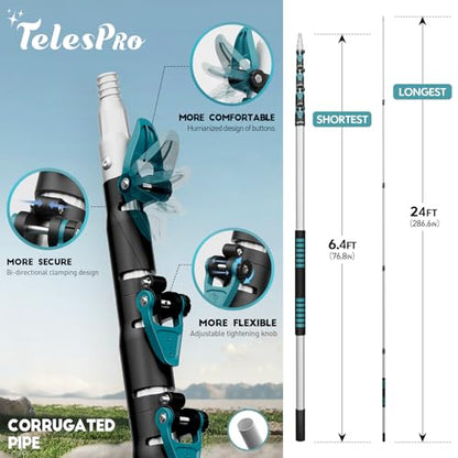 TelesPro Extendable Tree Trimmer: Manual Pole Saw | 6-24ft Telescoping Pruning Pole for Tree Trimming | Saw Attachment, Safety Goggles, and Gloves Included | Trim Branches up to 2" Diameter - size: 24FT POLE