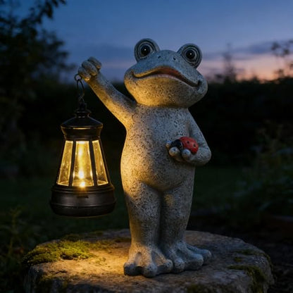 Solar Frog Garden Statue, Resin Figurine with Ladybug & Hanging Solar Lantern Outdoor Decor - style: frog2