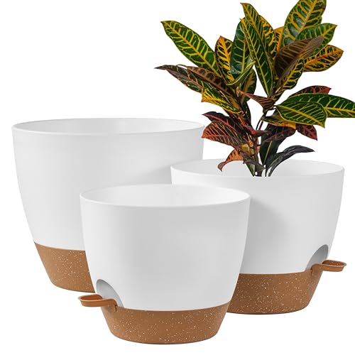 FaithLand 3-Pack Large Planter Pots, 12 10 9 Inch Self Watering Flower Pots for Indoor Outdoor Garden Plants, White with Brown - color: White With Brown, size: 12"+10"+9"