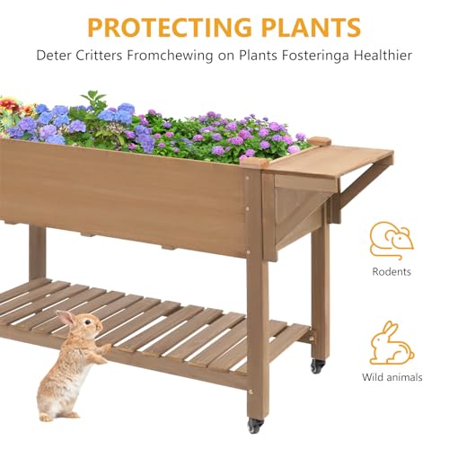 ketive Raised Garden Bed with Lockable Wheels Mobile Elevated Wood Planter,Storage Shelf, Protective Liner,55.5x24x32in (Brown) - size: 55.5" x 24" x 33"