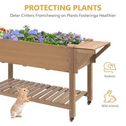 ketive Raised Garden Bed with Lockable Wheels Mobile Elevated Wood Planter,Storage Shelf, Protective Liner,55.5x24x32in (Brown) - size: 55.5" x 24" x 33"