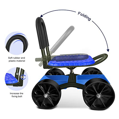 i Cover Garden Cart Rolling Stool with Four Wheels and Tool Bag, Stable Workseat Sturdy Carts Adjustable Seat Height and Direction, Gardening Helper, Blue - size: 4 Wheels