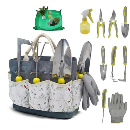 11-Piece Stainless Steel Gardening Tool Set with Floral Tote Bag