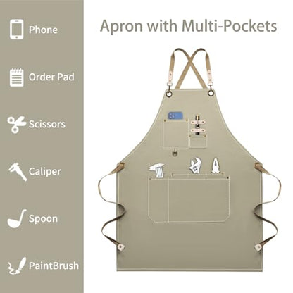 Dulabi Apron, Adjustable Chef Apron for Women and Men with Large Pockets, Cooking Kitchen Apron with Back Straps - color: Khaki