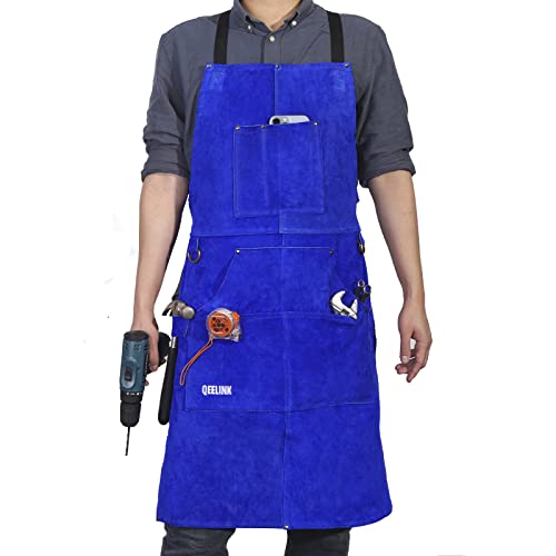 QeeLink Leather Welding Apron 6 Pockets Heat Flame Resistant for Blacksmith - color: Blue, size: 24"x 36"