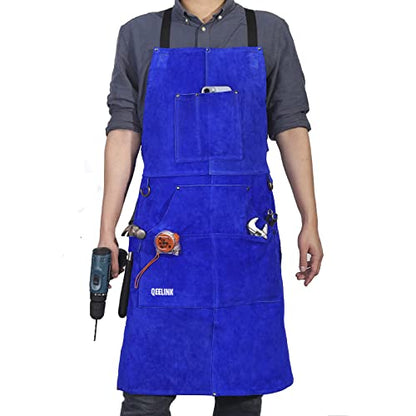 QeeLink Leather Welding Apron 6 Pockets Heat Flame Resistant for Blacksmith - color: Blue, size: 24"x 36"