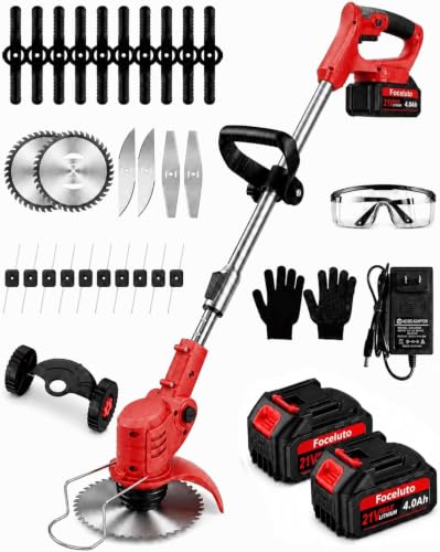 Electric Weed Wacker, 21V Battery Powered Weed Eater with Wheels, 3-in-1 Cordless Grass Trimmer with 2x4.0Ah Batteries 5 Types Blades, Stringless Weed Trimmer Brush Cutter for Yard Lawn