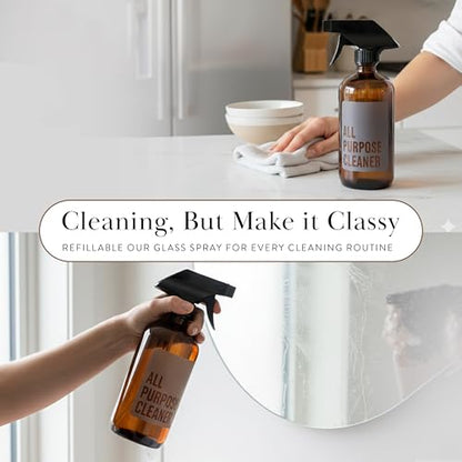 SAVVY & SORTED Amber Glass Spray Bottles for Cleaning, Refillable Amber Spray Bottle with Label, Glass Cleaning Bottles with Adjustable Nozzle, 17 Fl Oz / 500 ml