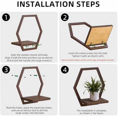2 Pack Hexagon Wall Plant Stands, 9 Inch Walnut Wood Shelf Coffee - color: 2 Pack Coffee-a