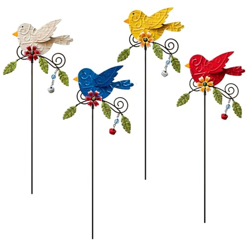 4 Pack Decorative Garden Stakes - 14.2" Metal Flowers for Outside & Metal Yard Art Outdoor and Garden, Rust-Resistant Shaking-Head Bird Lawn Ornaments for Patio - Gift for Gardeners - color: blue、white、red&yellow