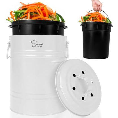 Chef's Star Countertop Compost Bin, Indoor Compost Bin, Small Composter, White, 0.8 Gallon, Metal - color: White