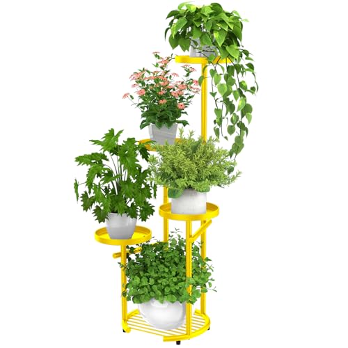 TOSKING Tall 5-Tier Round Metal Corner Plant Stand Indoor, Anti-Tip,Yellow - color: Yellow, size: 5-Tier Round Base