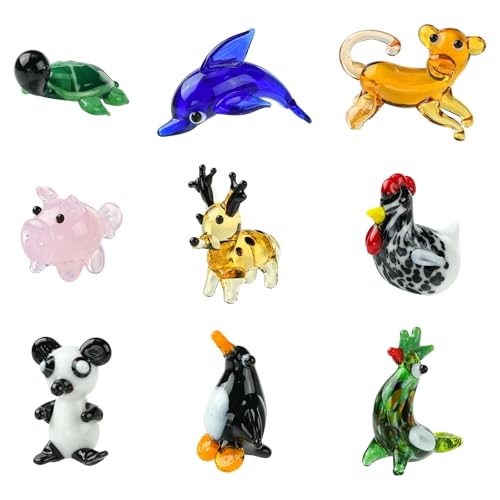 KitBeads 9Pcs Mini Glass Animal Figurines Handmade Lampwork Penguin Dolphin Deer Panda for Micro Landscape Dolhouse Fairy Garden Display Decor