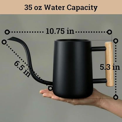 Metal Small Indoor Watering Can with Long Spout & Real Wood Handle, 35oz - color: Black