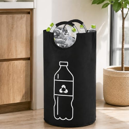 Extra Large Heavy Duty Canvas Waste Bag Cylindrical Folding Recycling Bin Single Storage Container for Yard Work and Home Organization